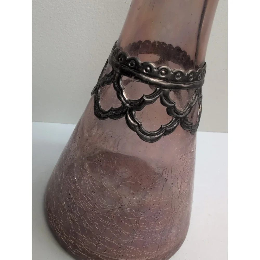Vintage Decanter‎ Pink Crackle Glass w/ Detailed Silver Overlay  11 In